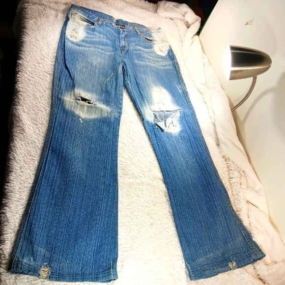Y2K Custom Painted Distressed Bleached Denim Jeans Wearable Art Wings-Roses 12 - Picture 7 of 12
